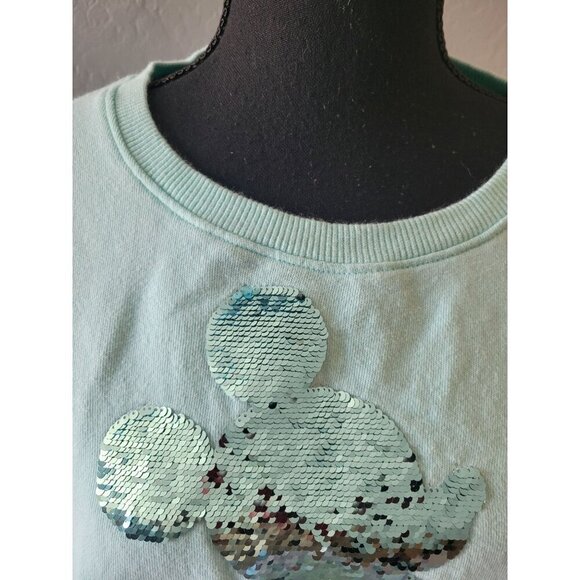 Disney Parks Teal Long Sleeve Fleece Sweatshirt Sequins Size L Mickey Mouse - Picture 2 of 11